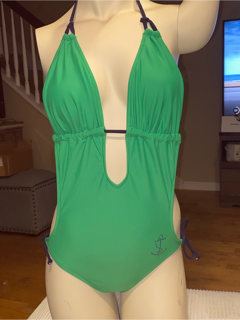 Xhilaration Green One-Piece Swimsuit with Navy Accents